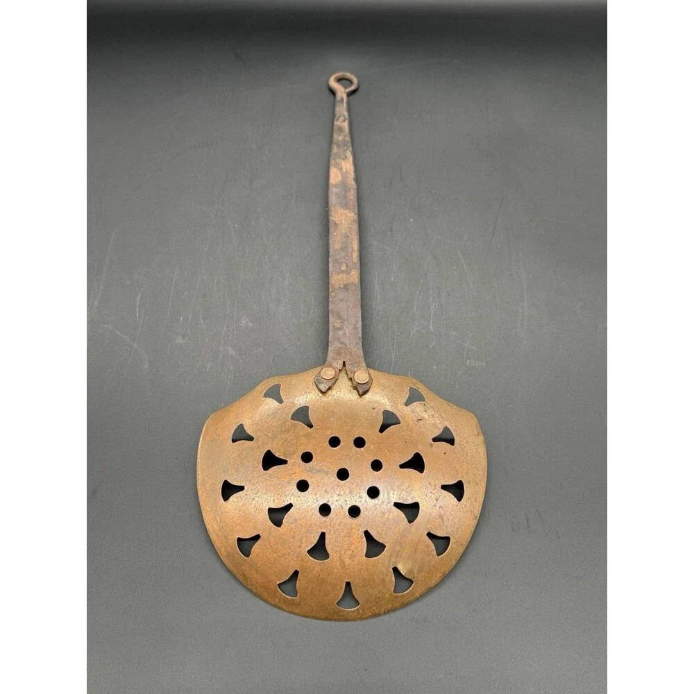 Antique Metal Skimmer Hearth Strainer Spoon, Cutout, Hanging Loop, Copper